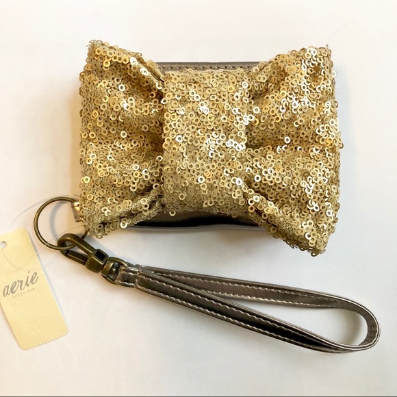 aerie Handbags - Aerie Gold Sequin Bow Wristlet, NWT
